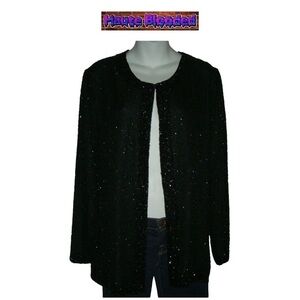 Vintage 80's Stenay Petite Black Sequin Beaded Silk Cardigan Bolero Jacket Sz L